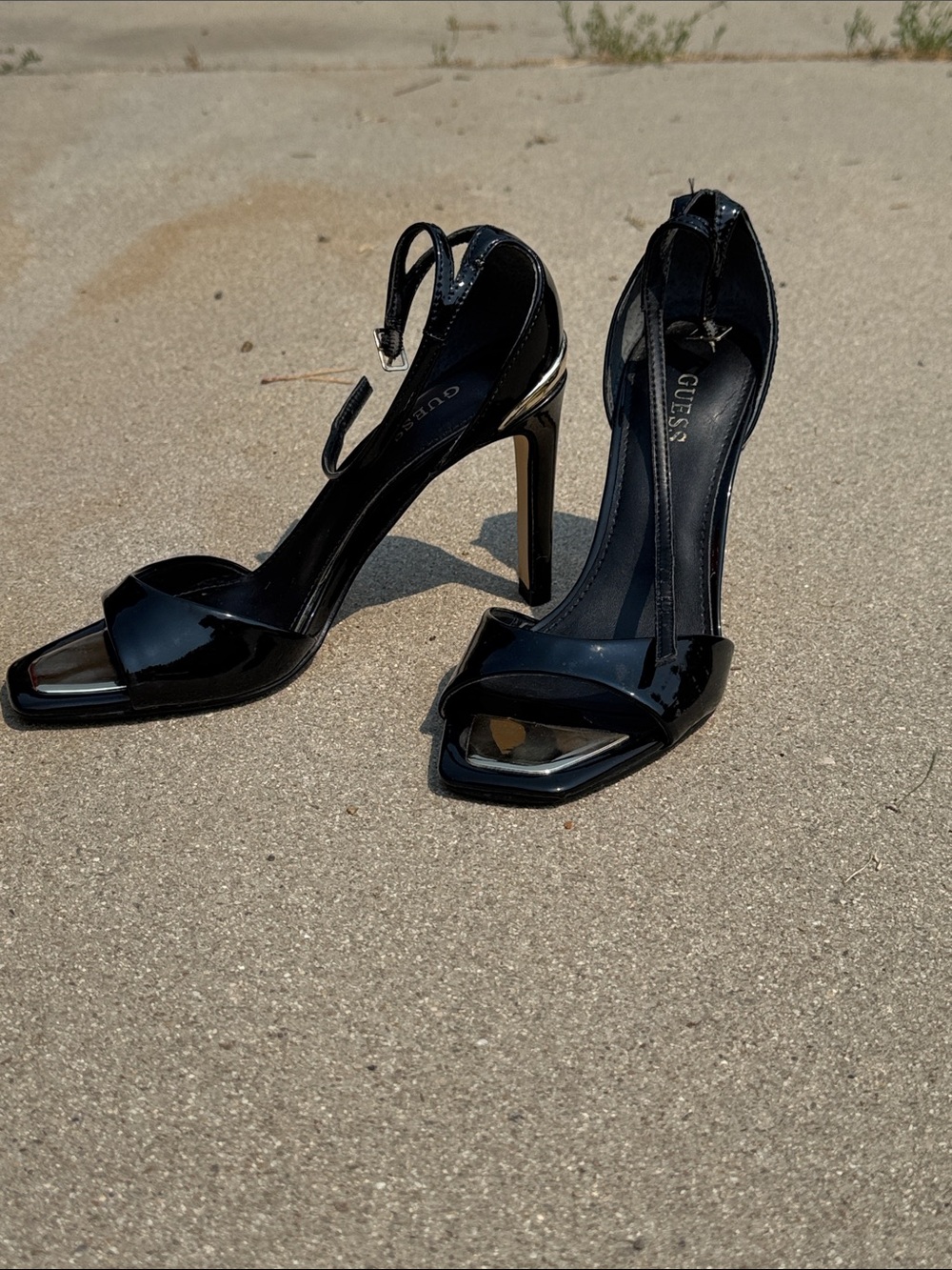 GUESS Black Patent square Open-Toe Stiletto Sandals with Ankle Strap